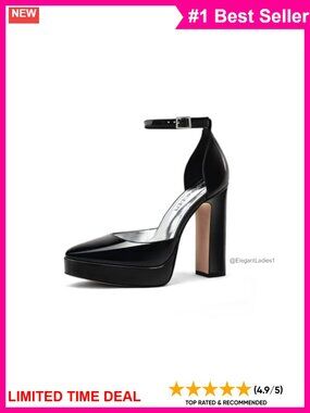 Platform Chunky Heel Ankle Strap Pumps Closed Toe Block Heel Dress Shoes
